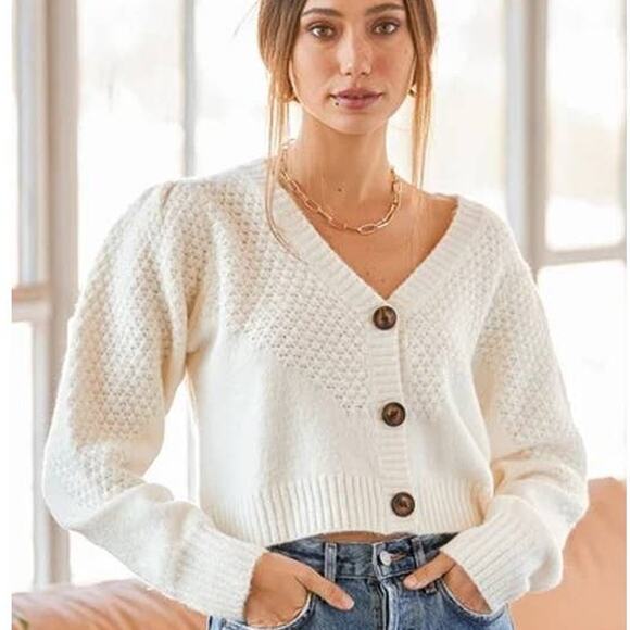 NWOT Lulus Warming Up to You Off White Knit Cropped Cardigan Sweater Women M - Picture 1 of 15